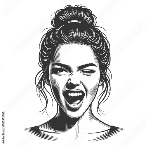 smiling young woman with bright eyes and natural look sketch engraving generative ai fictional character vector illustration. Scratch board imitation. Black and white image.