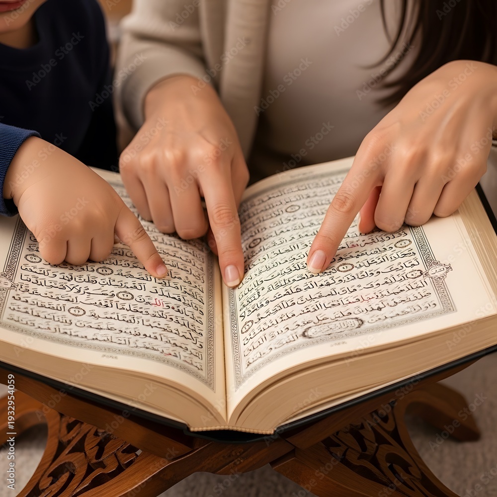 Fototapeta premium A mother and child's hands attentively point at the sacred Arabic text within an open Holy Quran placed on a wooden stand, illustrating a moment of shared religious learning and spiritual guidance.
