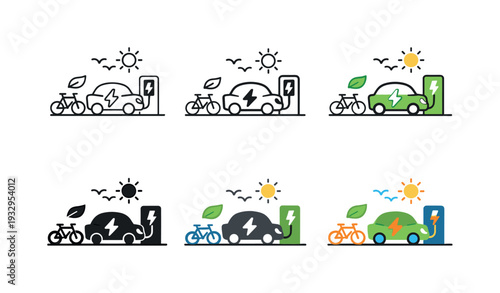 Clean transport icon depicting stylized electric cars, bicycles, charging stations, and eco-friendly mobility symbols