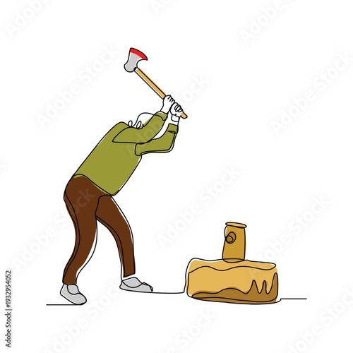Continuous line sketch drawing of lumberjack holding axe to logging wood tree vector illustration single one stroke editable