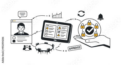 Modern minimal flat vector conceptual collage, crisp hard edges, consistent THIN outline stroke, rounded corners where needed,