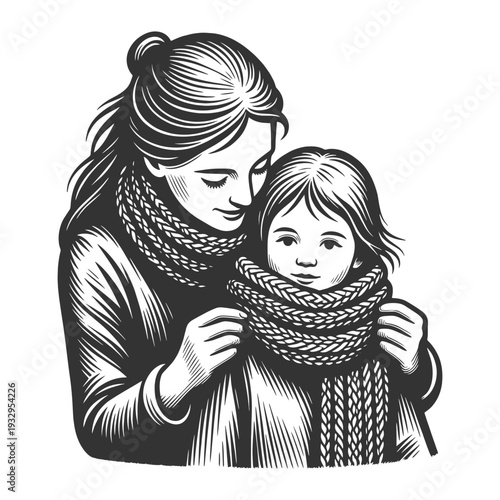 mother wrapping warm scarf around her daughter, tender family moment sketch engraving generative ai fictional character vector illustration. Scratch board imitation. Black and white image.