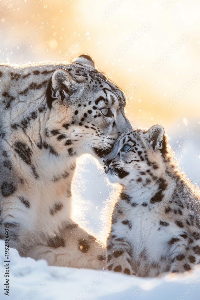 Fototapeta premium Snow leopard and cub in winter scene