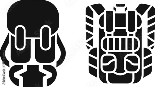 Black and white line of a detailed backpack with multiple compartments and straps