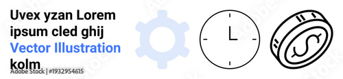 Time management, economic planning, productivity tools, process optimization, finance, investment concepts. Gear, clock and coin icons in minimal outline style. Time management and economic planning