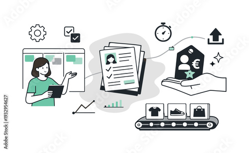 Modern minimal flat vector conceptual collage, crisp hard edges, consistent THIN outline stroke, rounded corners where needed,