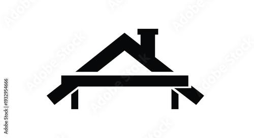 A stark black graphic depicts a simple house shape with a peaked roof and flat base a bold silhouette