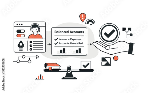 Contemporary Business Collage. Modern minimal flat vector conceptual collage, crisp hard edges, consistent THIN outline stroke,