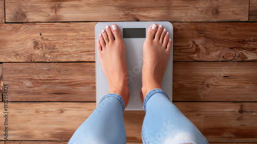 Woman stepping on scale while wearing rolled up denim jeans on wooden floor, showing feet with white nail polish