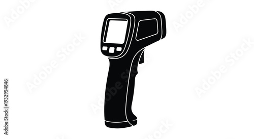 A sleek black infrared thermometer is displayed against a white background showcasing its handheld design as a silhouette