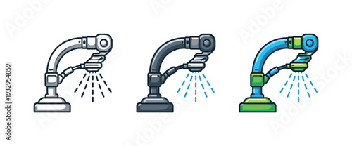 Future-ready agriculture scene portrayed as an automated irrigation sprinkler head with curved arm and nozzle viewed from the