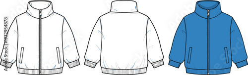 Kids Fleece Bomber Jacket Technical Flat Sketch, Front and Back View Apparel Design Template