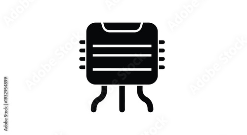 A stark black silhouette depicts a vintage radio with visible tubes and a minimalist design silhouette high quality professional