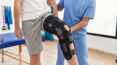 Male nurse examining leg of a patient wearing a black knee brace in a medical clinic, physical rehabilitation, injury recovery, orthopedic care.