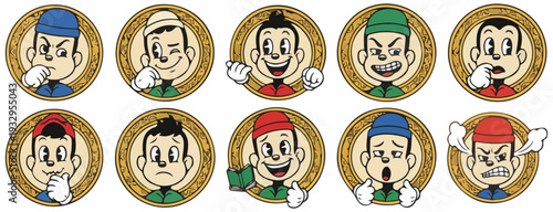 Vintage Cartoon Character Emoticon Set Icons