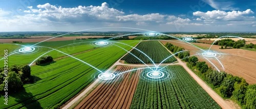 Digital Agriculture and Data: Futuristic imagery of a farm, showcasing fields, networks, and advanced technology. The scene highlights the intersection of modern agriculture and digital innovation. 