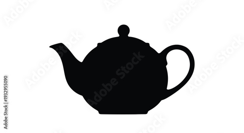 A stark black silhouette depicts a classic ornate teapot with a rounded body and detailed floral embellishments silhouette