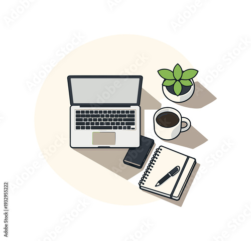 Minimal Workspace Layout. Refined contemporary work life balance concept with essential laptop coffee cup notebook and plant