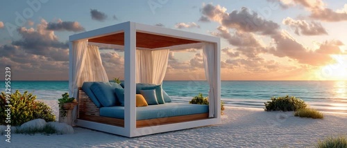 Seaside Cabana: An inviting cabana with soft drapes and plush pillows stands on a pristine beach, the turquoise ocean and radiant sky creating a serene escape.