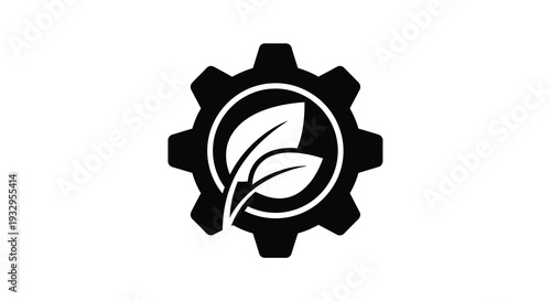 A black graphic depicting a gear incorporating a leaf symbolizing eco friendly technology and sustainable innovation silhouette high quality