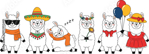 Cute llama cartoon vector illustration set with funny characters wearing costumes, hats, scarves, flowers, and party balloons in playful flat style