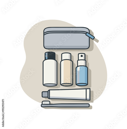 Clean minimal travel toiletries concept viewed from above with generic cosmetic bottles toothpaste tube and compact pouch aligned