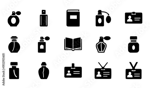 Black Silhouette Perfume Bottles, Book and ID Card Icon Set
