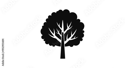 A striking black silhouette of a leafy tree with a thick trunk and full crown stands out against a white background silhouette