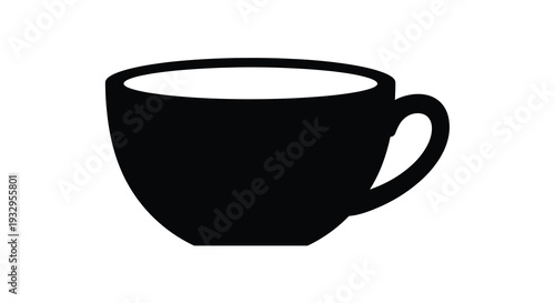 A simple stark black silhouette of a rounded coffee cup with a handle isolated on a white background silhouette