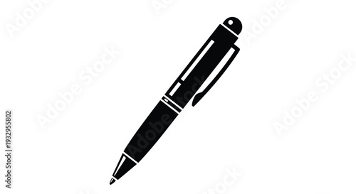 A stark black silhouette of a modern ballpoint pen angled on a white background depicting a writing instrument silhouette