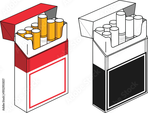 Cigarette pack illustration in colored and outline styles with open box showing cigarettes isolated on white background for smoking, packaging, and health concepts
