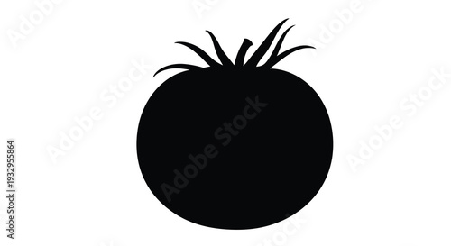 A striking black silhouette depicts a ripe tomato with leafy greens atop creating a bold visual statement silhouette
