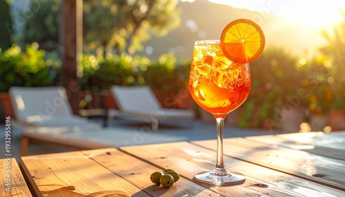 Refreshing Aperol Spritz cocktail garnished with an orange slice, served on an outdoor terrace at sunset.