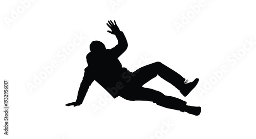 A dynamic black silhouette depicts a person dramatically falling forward with an outstretched hand conveying a sense of imbalance silhouette