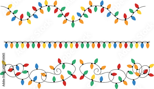 Colorful Christmas light bulbs garland set with wavy straight and tangled string lights for cad drawing flat vector illustration design,