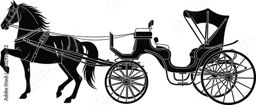 Horse drawn carriage silhouette with detailed wheels and harness isolated on white background for vintage transport, wedding, history, and classic illustration concepts