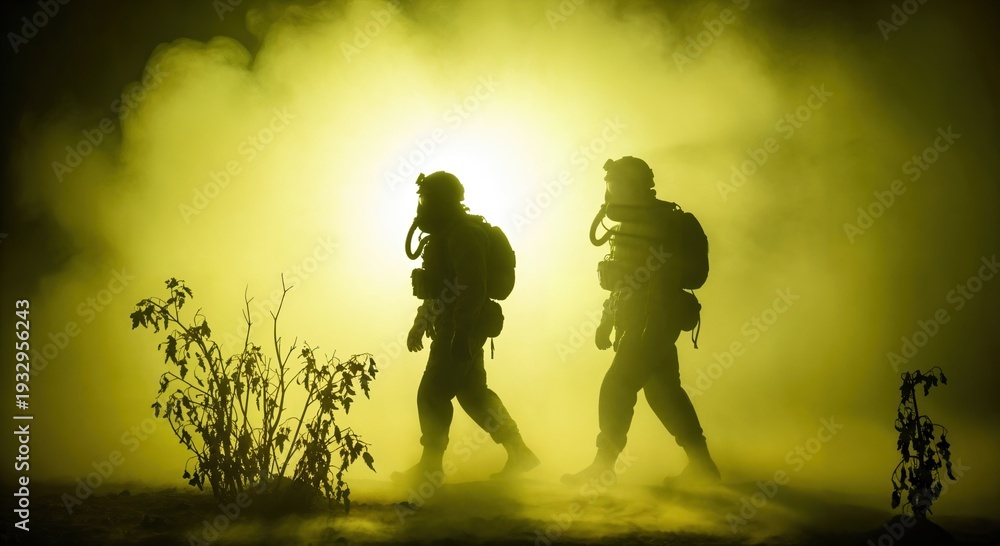 Naklejka premium Silhouetted tactical team in gas masks walking through thick yellow chemical gas fog