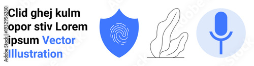 Cybersecurity, voice recognition, biometrics, identity protection, data security, technology interface. Blue shield, microphone icon abstract leaf. Cybersecurity and voice recognition