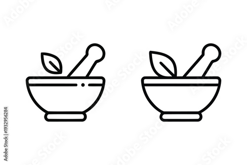 Line art illustration of two apothecary bowls with pestles and leaves