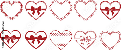 Red heart silhouette set with decorative lace borders and elegant ribbon bows for cad drawing flat vector illustration greeting cards,