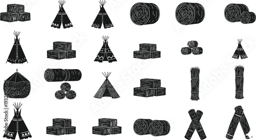 Vector illustration of hay bales, straw bundles, and rustic teepees in black silhouette style for agriculture, rural life, and traditional design