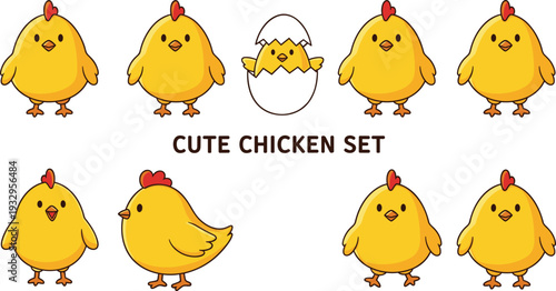 Cute chicken character set with multiple poses and expressions including cracked egg illustration isolated on white background for kids design, stickers, and branding