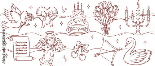 Romantic wedding doodle set with dove heart cake flowers cupid swan and candles for cad drawing flat vector illustration design,