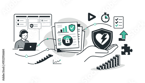 Modern minimal flat vector conceptual collage, crisp hard edges, consistent THIN outline stroke, rounded corners where needed,