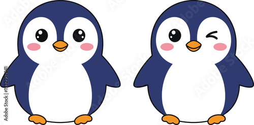 Cute cartoon penguin characters with smiling and winking expressions isolated on white background for kids design, stickers, branding, and illustrations