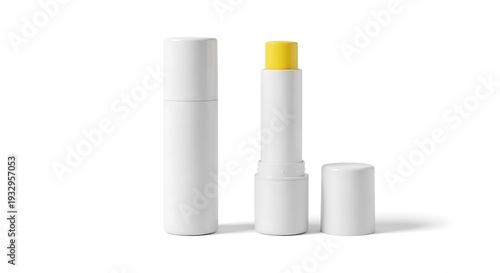 Three white cylindrical objects with one having a yellow cap on a white background.