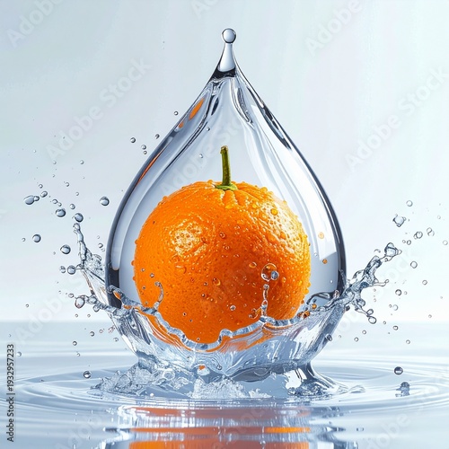 A fresh orange suspended inside a giant water droplet, splashing juice around it, bright studio lighting, ultra realistic, commercial photography style
