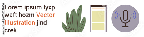 Digital tools, user interface design, nature , technology innovation, media communication, and podcasts. Set of icons a plant, a mobile UI design and a microphone. Technology innovation and media