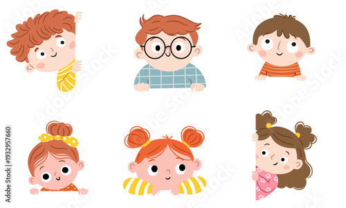 A set of cute flat vector illustrations. Cute girls and boys peek out from behind banners. Simple children's style. Vector illustration