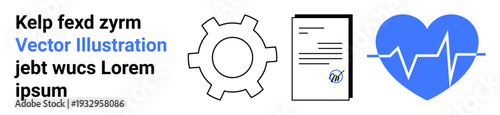 Gear icon for process, document with tick mark for approval, and heartbeat symbol. Ideal for productivity, workflow, organization, healthcare, approval process, optimization simple landing page